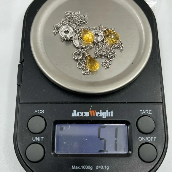 Vintage 10KT White Gold Necklace with Citrine Briolette Drops & Diamond Accents - Picture 15 of 15
